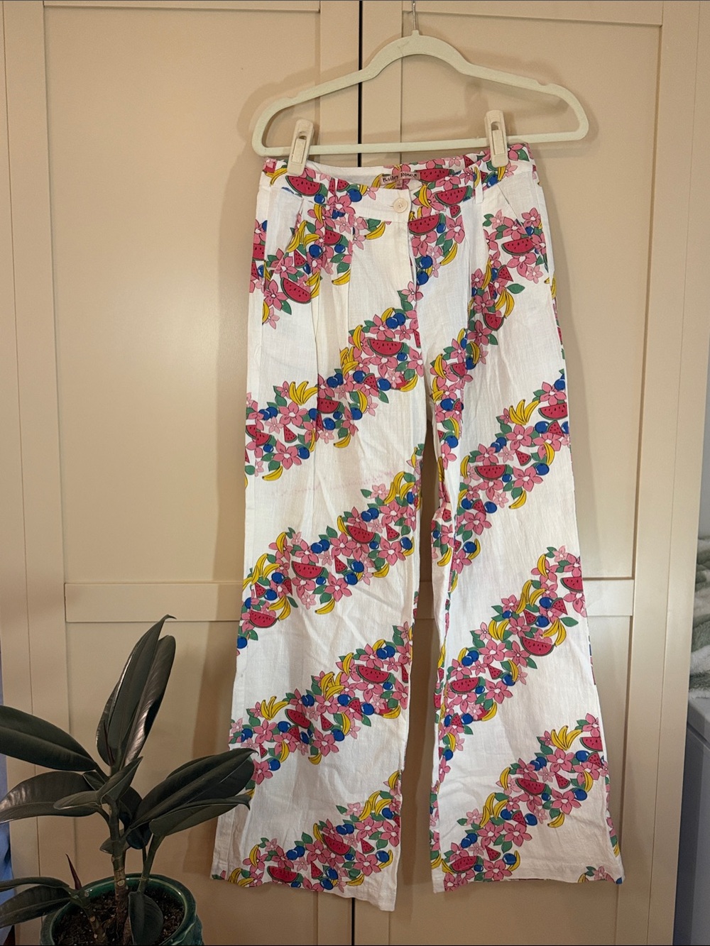 White Floral-Print Pants with Colorful Fruit Accents - please read full details
